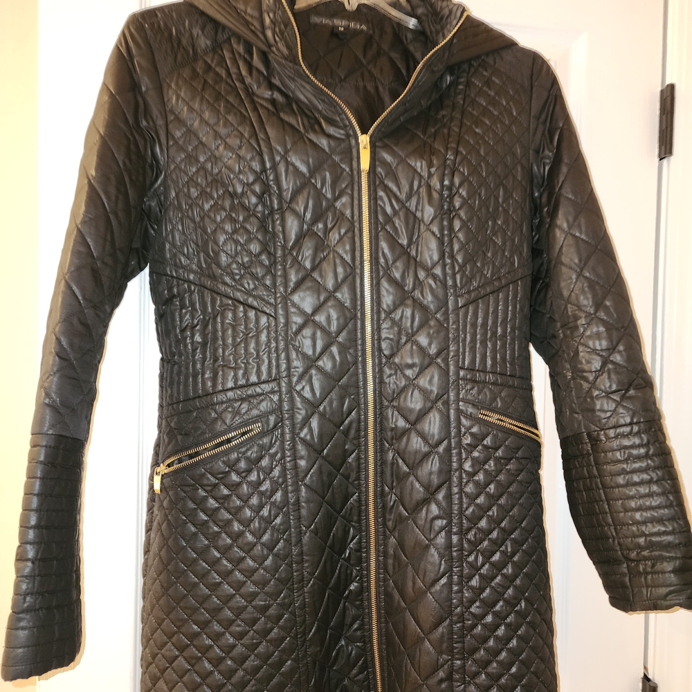 Via Spiga Quilted Black Puffer with Gold Zippers